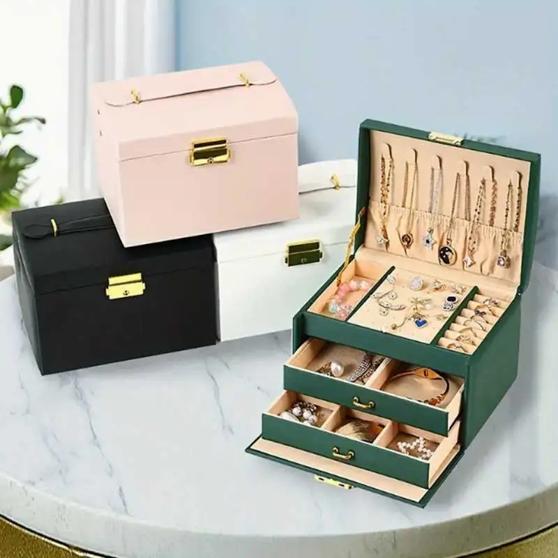 Three Drawer PU Leather Jewelr - Lockbox Key Secure 评论和价格