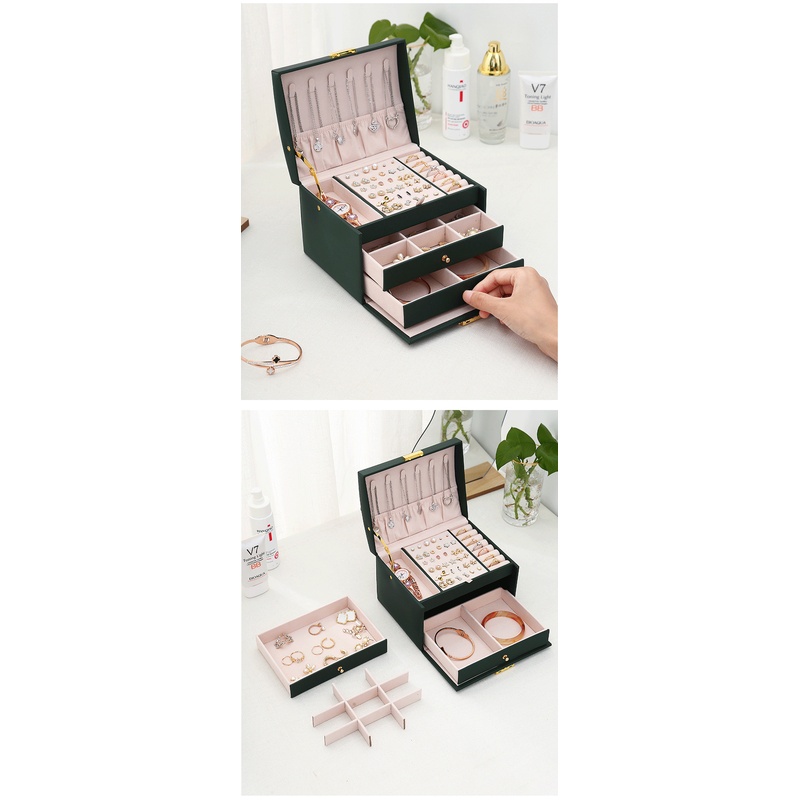 Three Drawer PU Leather Jewelr - Lockbox Key Secure 评论和价格