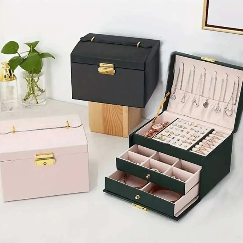 Three Drawer PU Leather Jewelr - Lockbox Key Secure 评论和价格